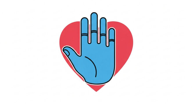 Blue hand gesture with palm facing outward in front of a red heart on white background symbolizing rejection or refusal with a touch of love and care