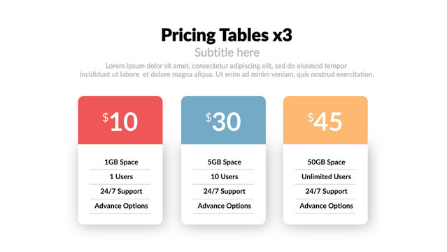 Pricing Tables x3 &ndash; Animated Pricing Plans Comparison, Subscription Packages and Cost Presentation, Modern Business Infographic for Marketing and Sales