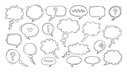Fototapeta premium Hand drawn doodle speech bubbles and thought clouds featuring various shapes and symbols for expressing communication concepts, perfect for graphic design projects and digital messaging