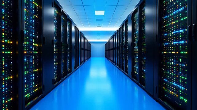 server room with rows of data racks for Digital Transformation and Cyber Infrastructure