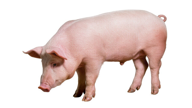 Pink domestic pig standing with curled tail and pink skin