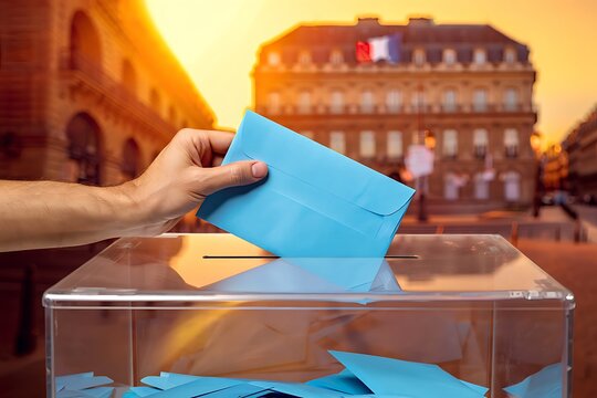 Hand placing blue voting ballot into transparent acrylic election box at dusk