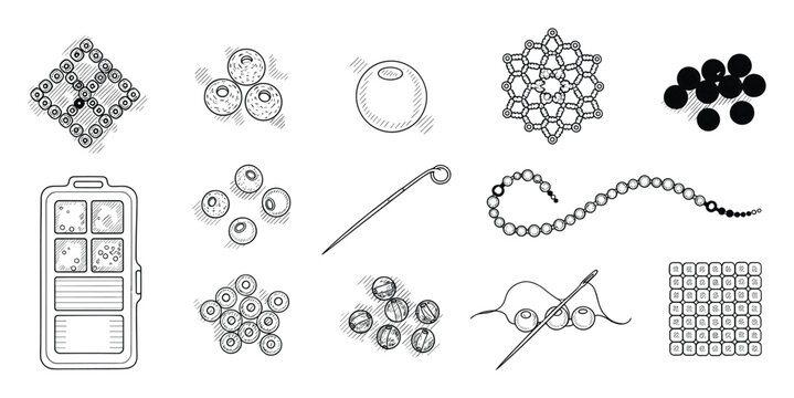 Monochromatic line art collection showcasing different bead shapes, beading tools like needles and organizers, and examples of beadwork, perfect for craft design and jewelry making guides.
