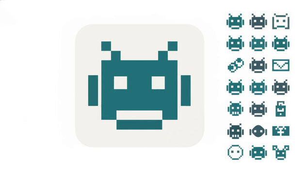 Pixel art robot head icon set. Retro 8-bit gaming style vector illustration. AI and technology symbols for app and web design