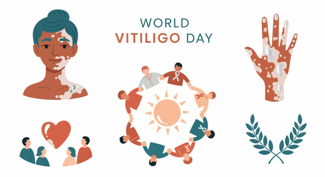 World Vitiligo Day illustration with a woman hand and people in a circle featuring skin pigmentation patches
