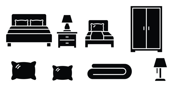Set of bedroom furniture and sleeping items icons including beds, nightstand, wardrobe, pillows, and blanket, ideal for interior design plans, room layouts, and home decor visual aids