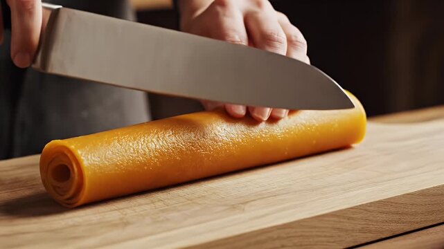 Close up on bright orange fruit leather being made in a food dehydrator on a wooden table with a knife preparing to cut it in a kitchen setting