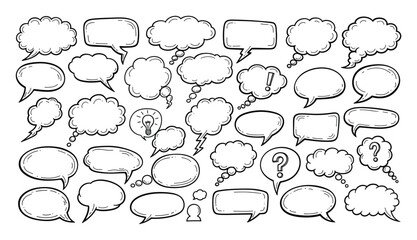 Fototapeta premium Collection of handdrawn speech bubbles and thought balloons for expressing dialogue, ideas, and messages in comic style graphics and user interface designs.