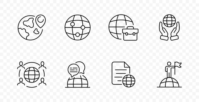 Global communication set icon. World location, network nodes, business case, care hands, team connection, messaging, document exchange