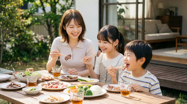 家族みんなで家の庭で楽しいバーベキュー