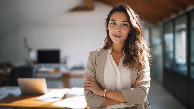 Portrait of one woman standing with crossed arms near desk in office cinematic