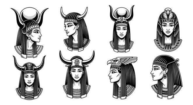 Set of eight ancient Egyptian goddess portraits in black and white.