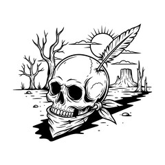 Fototapeta premium Human Skull with Feather and Bandana Illustration.