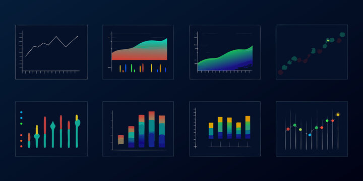Collection of vibrant data visualizations and abstract chart displays
