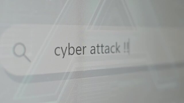 A person uses a search bar to find details about cyber attacks and technology. The sequence showcases common queries highlighting concerns over digital security and social implications