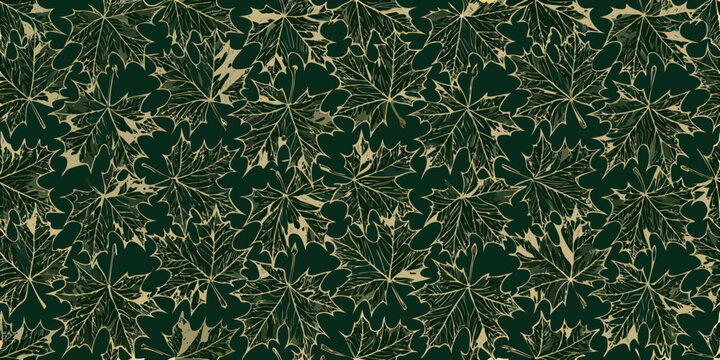 Seamless pattern of intricately detailed cannabis leaves in muted tones