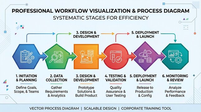 Workflow diagram, process stages, corporate training, vector illustration