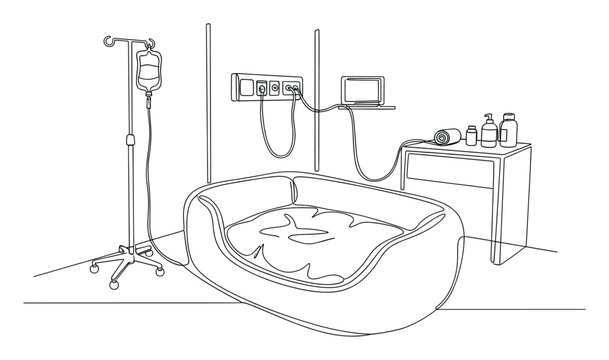 Essential birthing pool setup for a natural childbirth experience complete with an IV stand medical monitor and supplies in a prepared maternity room for healthcare and pregnancy resources