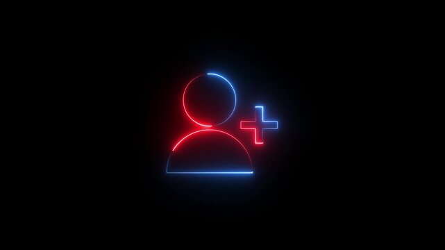 Glowing profile add user icon animation on black background, Looped Neon Lines abstract contact with add friend icon animation plus sign add member head face people man profile animated,4k animation