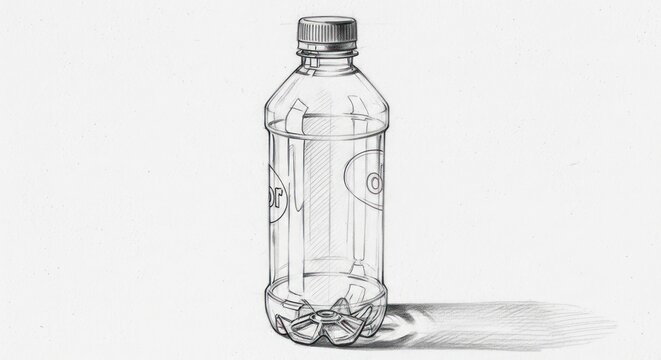 Detailed Pencil Sketch of Transparent Plastic Water Bottle with Shadow.