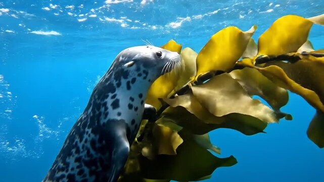 Seal swimming near kelp underwater