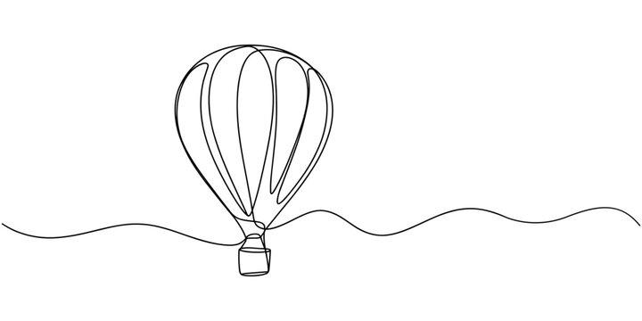 Hot Air Balloon in one continuous line drawing, Minimalist black linear design isolated on white background, concept in simple linear style. Editable stroke. Doodle vector illustration.