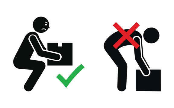 Manual Handling and Safe Lifting Icons Vector Set with Stick Figures Demonstrating Correct and Incorrect Box Lifting Techniques for Workplace Safety