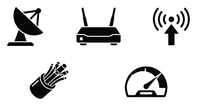 Set of network communication technology icons representing satellite, router, wireless signal, fiber optic cable, and internet speed test for digital connectivity solutions and