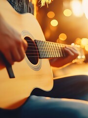 Fototapeta premium Acoustic guitar player performing on a wooden deck at evening, summer entertainment and leisure. Sunset, concert