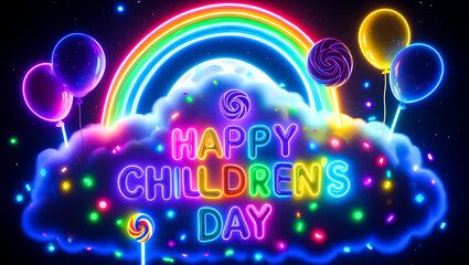Colorful happy childrens day celebration with rainbow balloons and lollipops in vibrant neon lights display