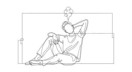 Obraz premium Man sitting on sofa, thinking, stress, frustration, one line drawing