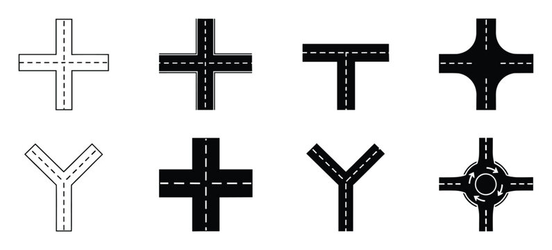 Comprehensive collection of road intersection symbols featuring cross, Tjunction, Yjunction, and roundabout layouts, suitable for navigation, urban planning, and infrastructure mapping