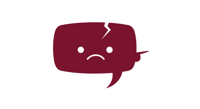 Sad speech bubble, broken chat icon, maroon emoticon, cracked dialogue symbol