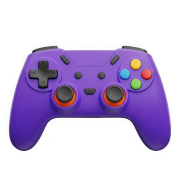 A vibrant purple gaming controller with colorful buttons and joysticks