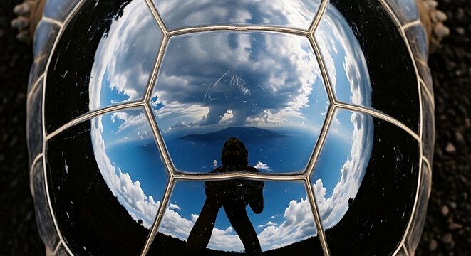 Reflection of Island Landscape and Clouds in Giant Tortoise Shell