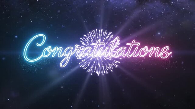 Glowing neon text congratulations written in a stylish cursive script appearing against a dark starry background with magical sparkling light effects to celebrate special achievements and successful m