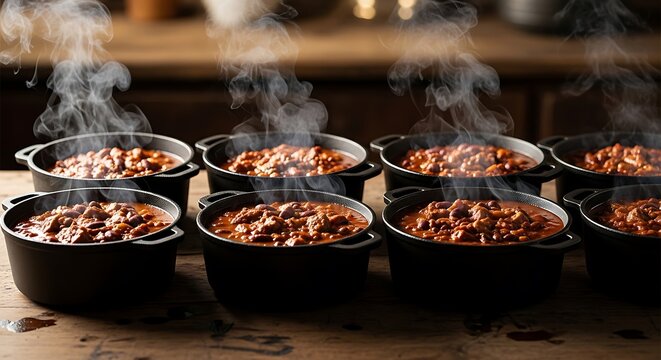 Six cast iron skillets of simmering chili with rising steam on wooden table outdoors. chili cookoff