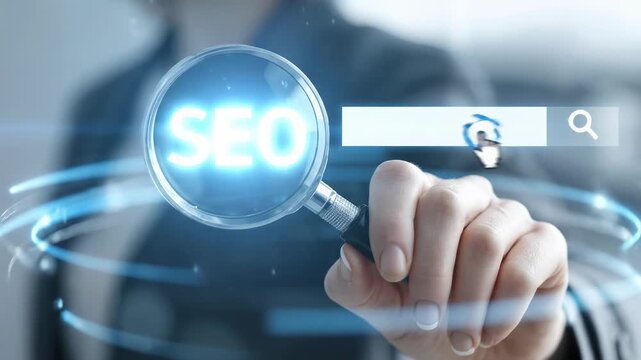 Human hand holding magnifying glass, focusing on bright SEO message. Internet search bar, pointer, abstract web data flow, digital marketing concept.