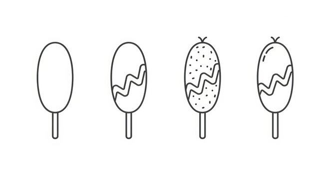Illustration showing steps to create a corn dog on a stick with toppings