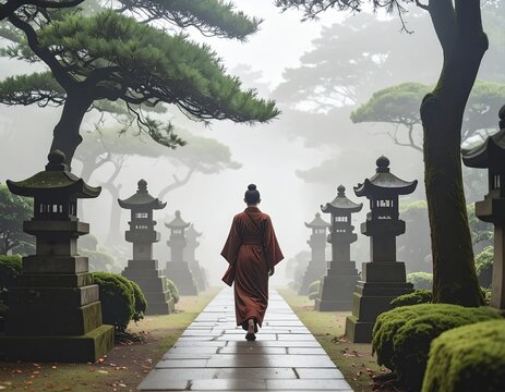 Woman in Kimono Walks Through Misty Japanese Temple Garden with Stone Lanterns.
