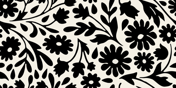 Black floral pattern on a cream background creates a seamless design