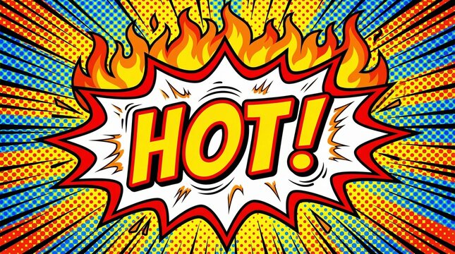 Comic-style &ldquo;HOT!&rdquo; text with bold red and yellow letters, surrounded by flames, jagged shapes, dynamic halftone rays, energetic pop-art design.