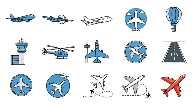 Collection of airplane and aviation related icons and illustrations.