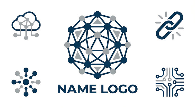 The logo features a geometric network with connected nodes and lines in blue and gray, surrounded by various symbols including a cloud, link, molecular structure, and circuit board patterns.