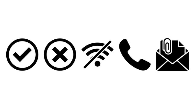 Vector icons for user interface design featuring check, cross, no WiFi, phone, and mail with attachment symbols for diverse digital applications.