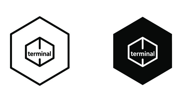 Two contrasting terminal logos displayed on hexagonal backgrounds