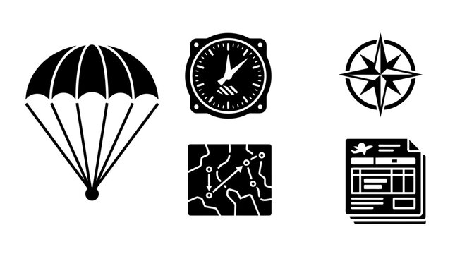 A set of five black icons representing aviation, navigation, and adventure parachute, flight instrument, compass rose, route map, and flight plan document, suitable for various projects.