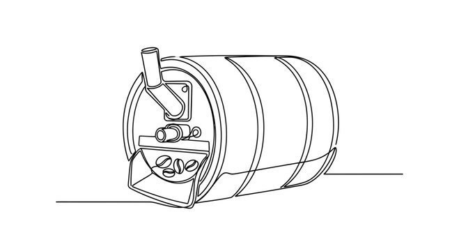 A minimalist continuous line drawing captures a sophisticated coffee roaster machine, showcasing roasted beans, ideal for packaging, branding, and decor.
