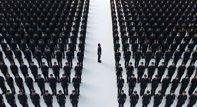 A single person standing apart from a large crowd in black suits