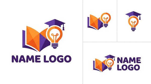 Educational logo designs with graduation cap and lightbulb on book